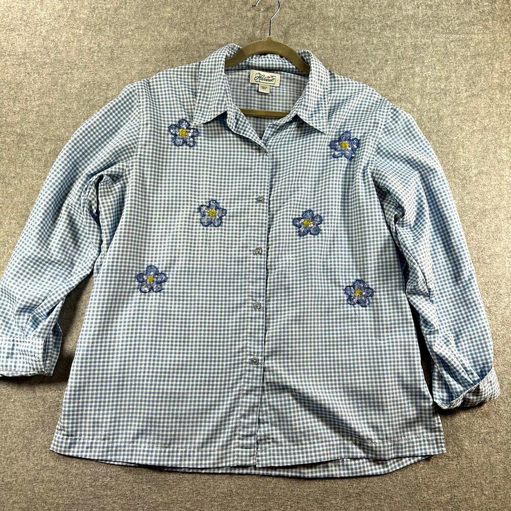 Haband! Blue White Gingham Beaded Floral Collared Button-Up Women’s L